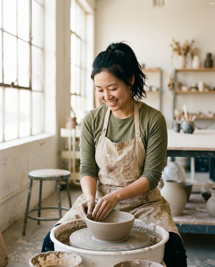 Woman smiling while shaping a clay bowl on a pottery wheel
